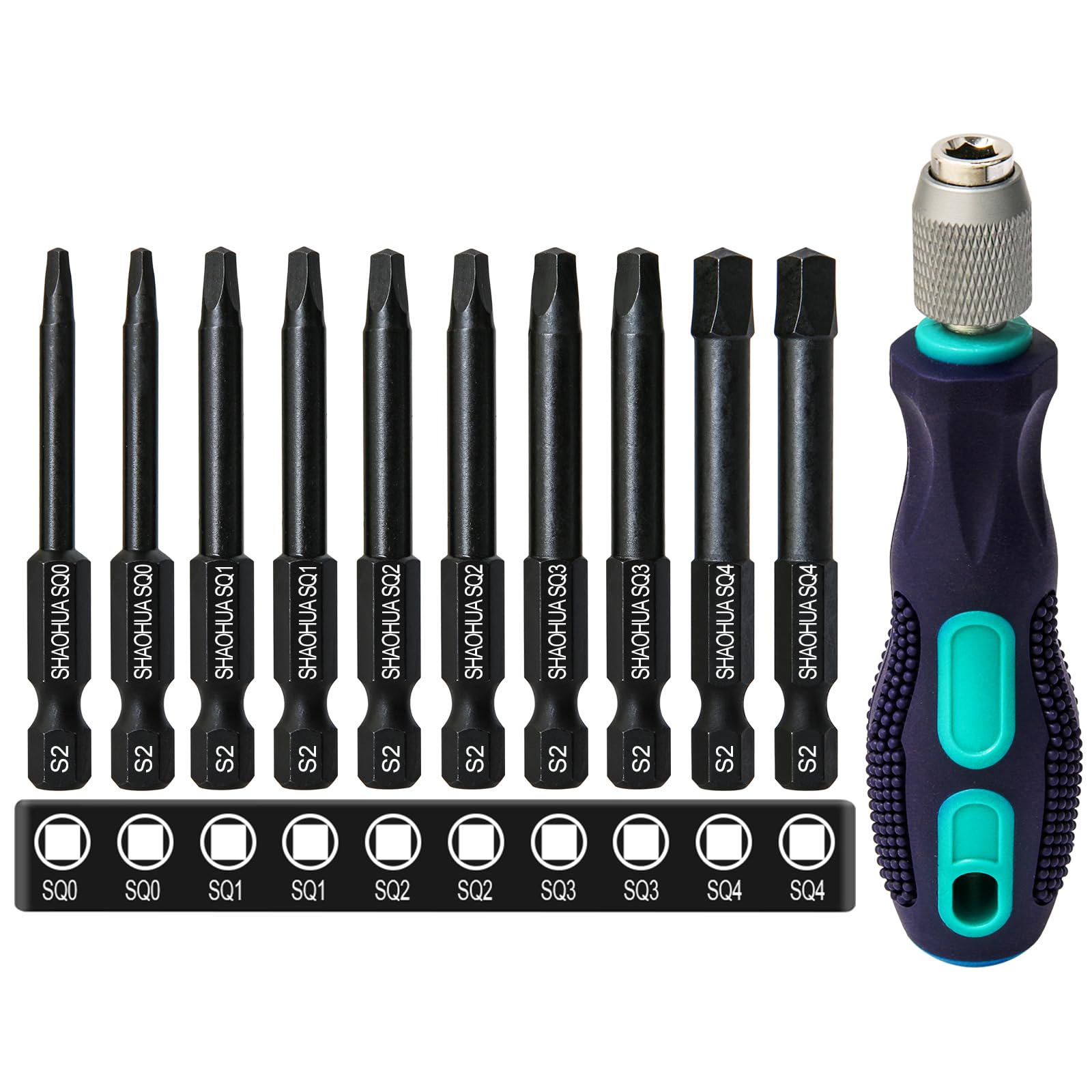 10PCS Square Drive Bits Set, 2.3" Long With 1/4 Inch Magnetic Bit Driver, S2 Steel Allen Wrench Drill Bits, Hex Head Drill Bit Set SQ#0, 1, 2, 3, and
