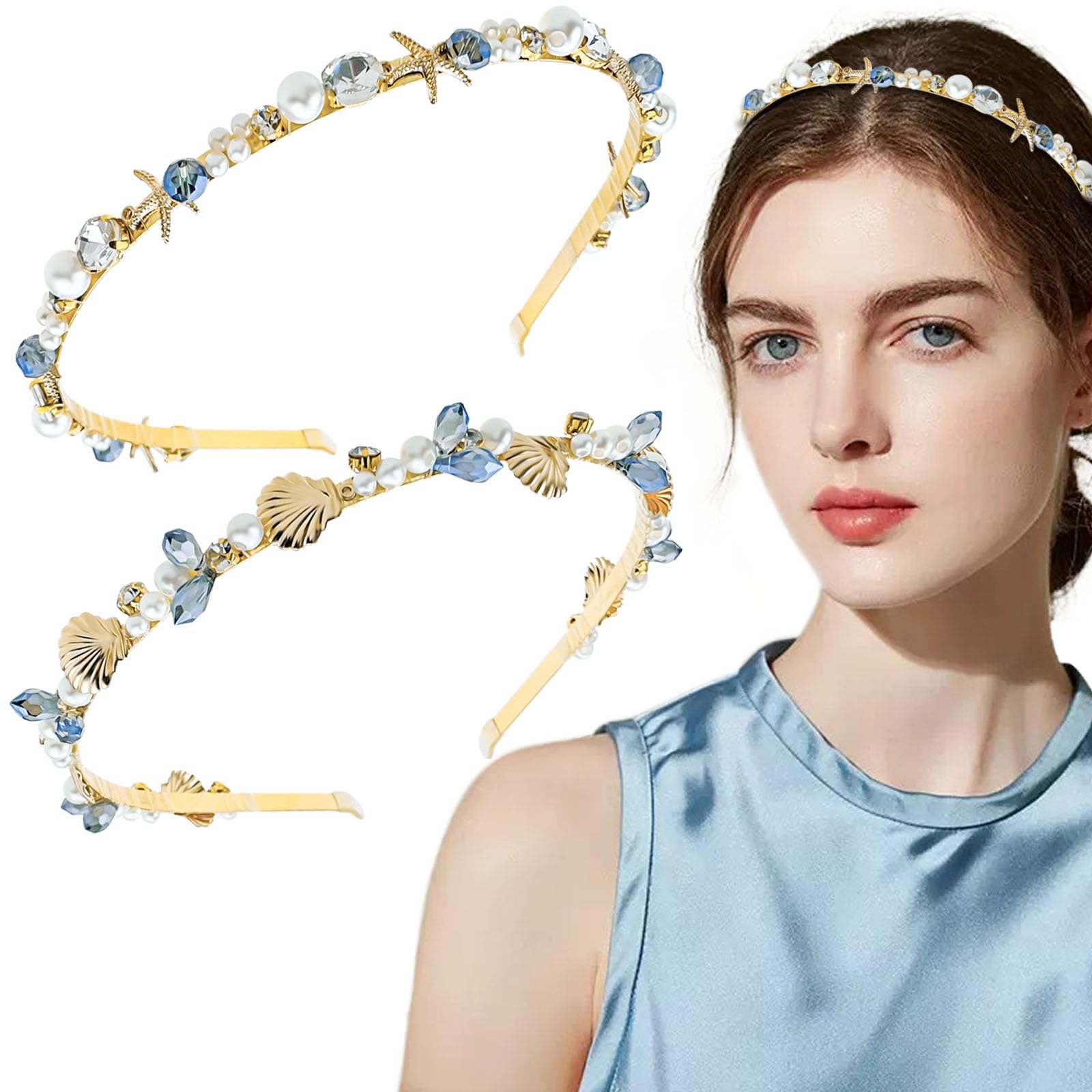 Aswewamt 2 Pcs Mermaid Seashell Starfish Headbands Pearl Crystal Rhinestone Hairbands Alloy Hair Hoop Beach Bridal Elegant Headpiece Wedding Hair