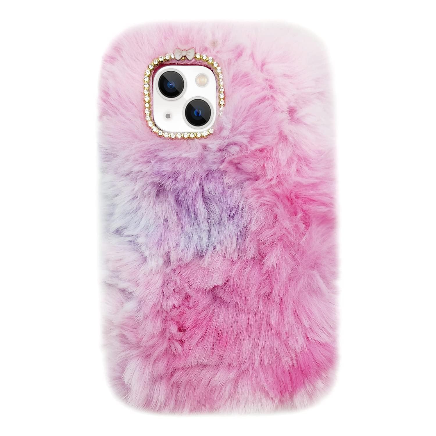 Guppy Compatible with iPhone 16 Plus Women Girls Plush Case 3D Cute Bling Bow Diamond Fluffy Furry Warm Gradient Fur Hair Design Soft Silicone Rubber
