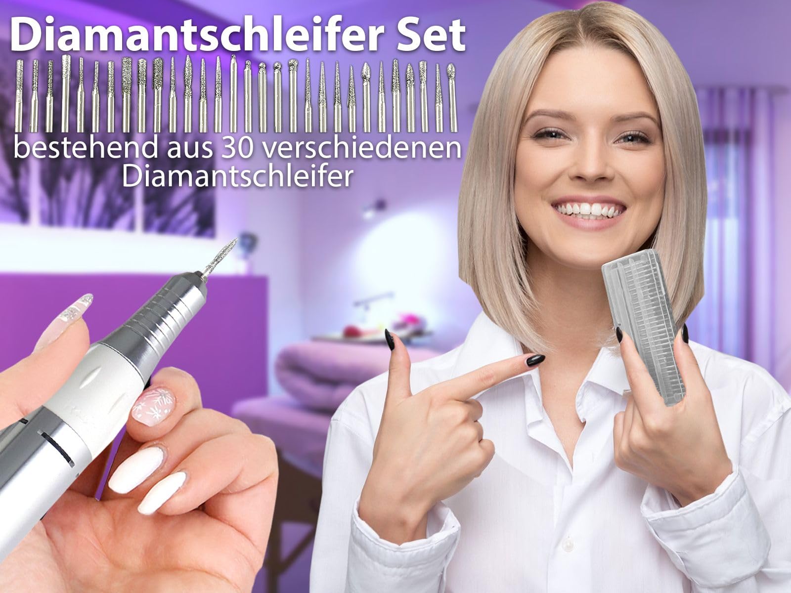 Fußpflegegerät mit 30er Diamantschleifer Set für die Hand- oder Fußpflege | Einsteiger Set für zu Hause mit Schleifgerät 30.000 Umdrehungen pro Minute und Nagefräser-Bits