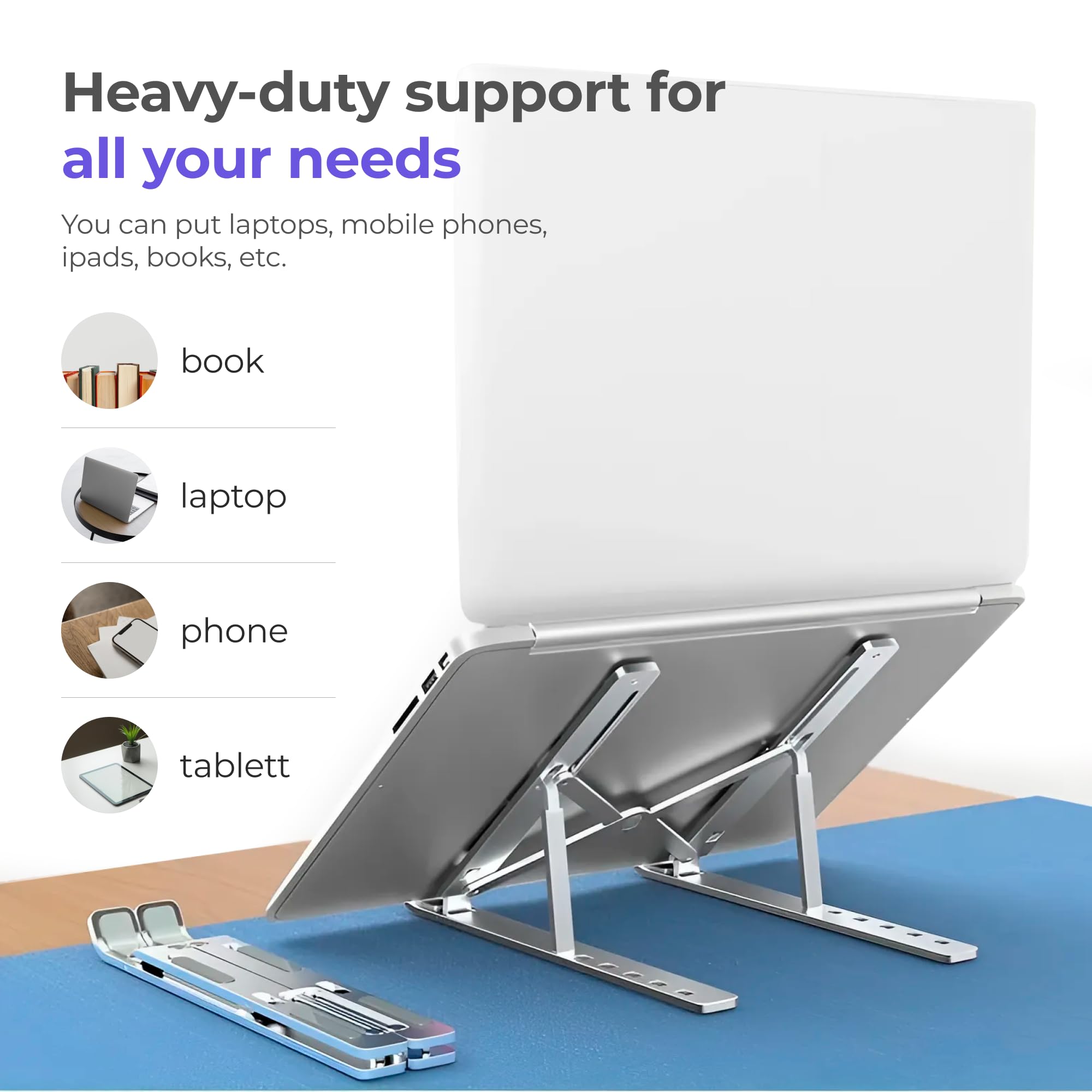 Portable Silver Laptop Stand – 6-Position Ergonomic Support, Foldable Ultra-Light Aluminum with Non-Slip Silicone Grip & Optimized Heat Dissipation