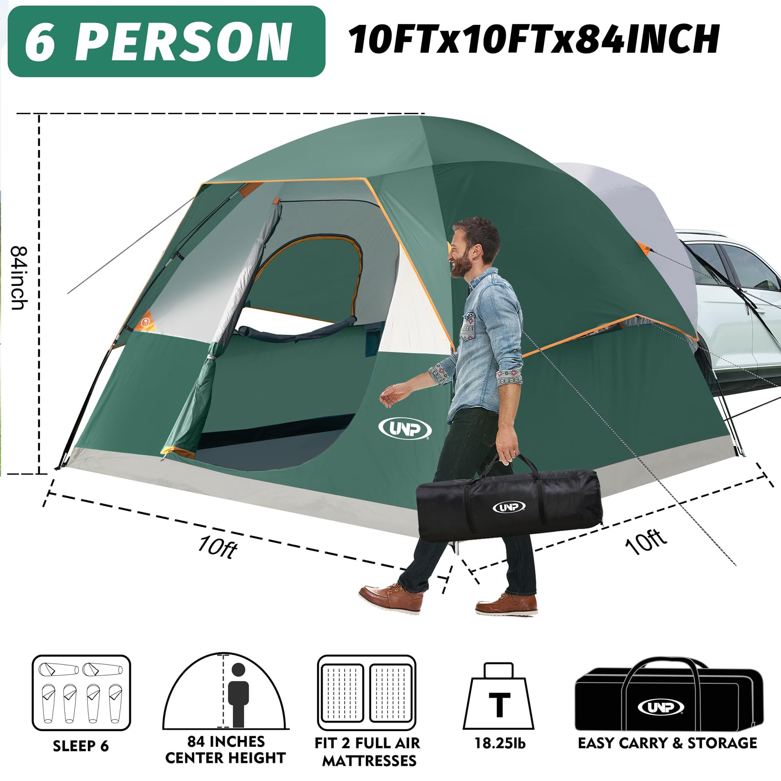 UNP Tienda de campaña Tipo Domo para SUV, para 6 Personas, fácil de Instalar, Tienda de campaña para vehículos con Mosca de Lluvia de 10 x 10 pies