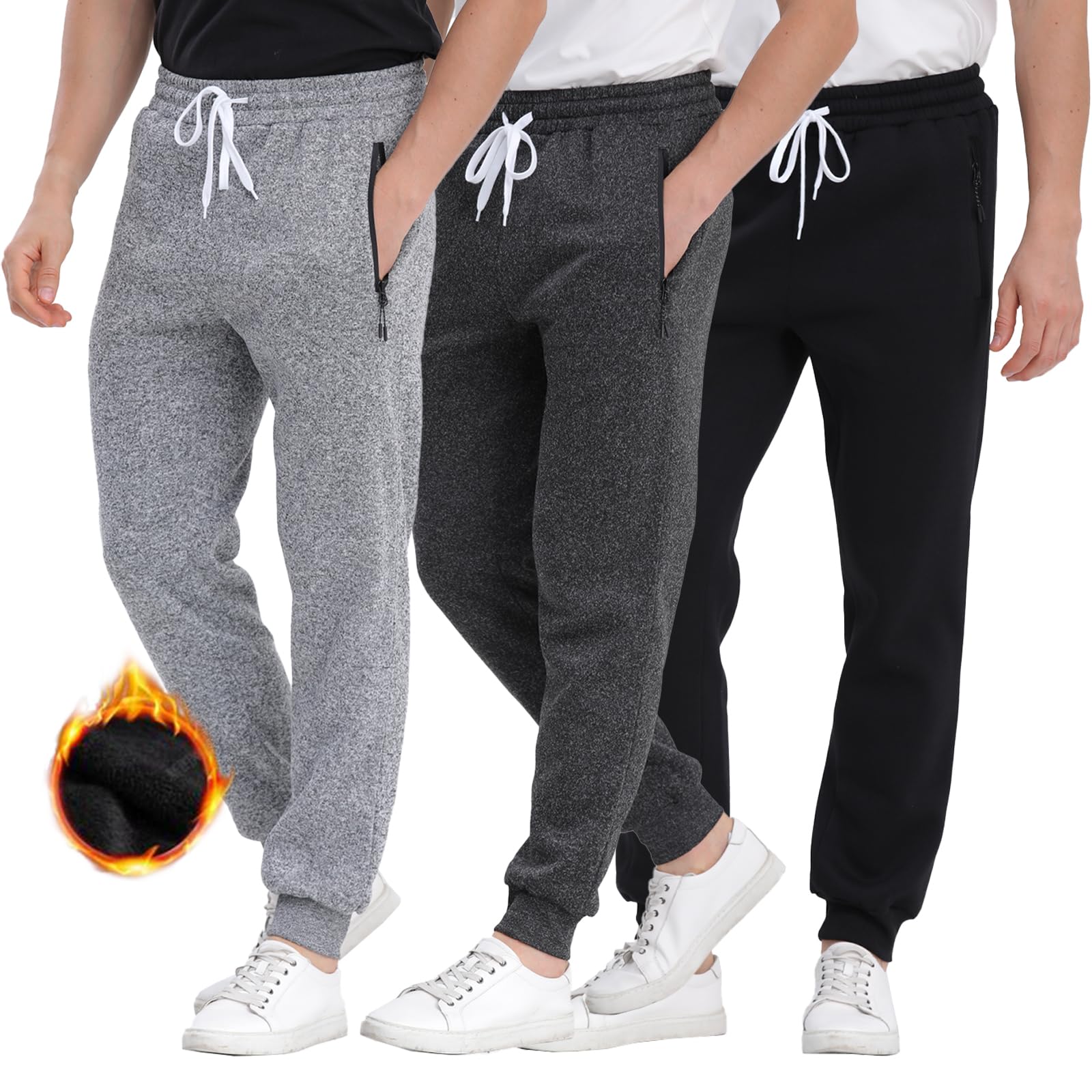 Mens Joggers Sweatpants 3 Pack Fleece Sweat Pants with Pockets Zipper Pockets Athletic Workout Gym Joggers for Men