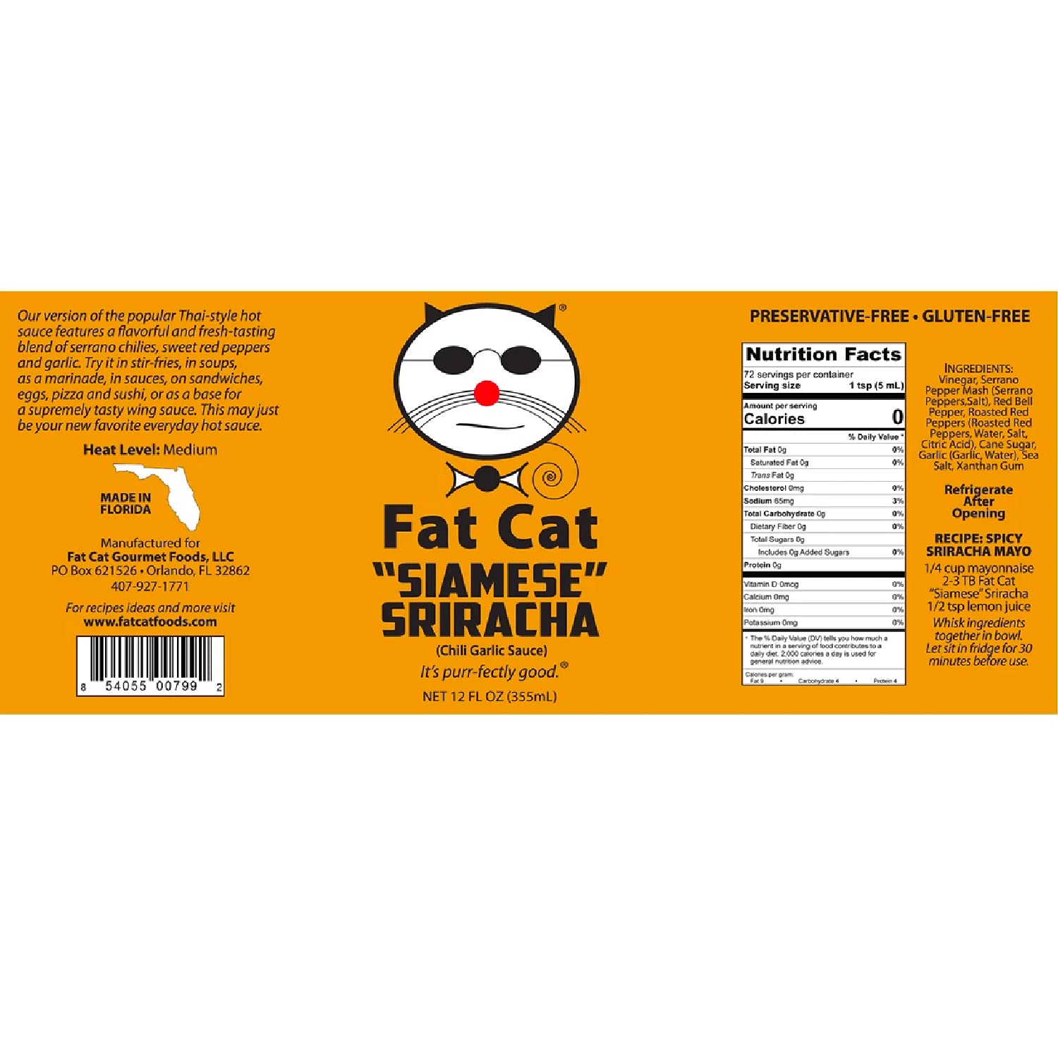 Siamese Sriracha Chili Garlic Sauce by Fat Cat Gourmet | Sweet, Savory, Versatile | Preservative Free | For Dips, Stir Fry, Pizza, Burgers | Medium Heat | Gluten Free, Vegan & Keto Friendly | 3 Bottles