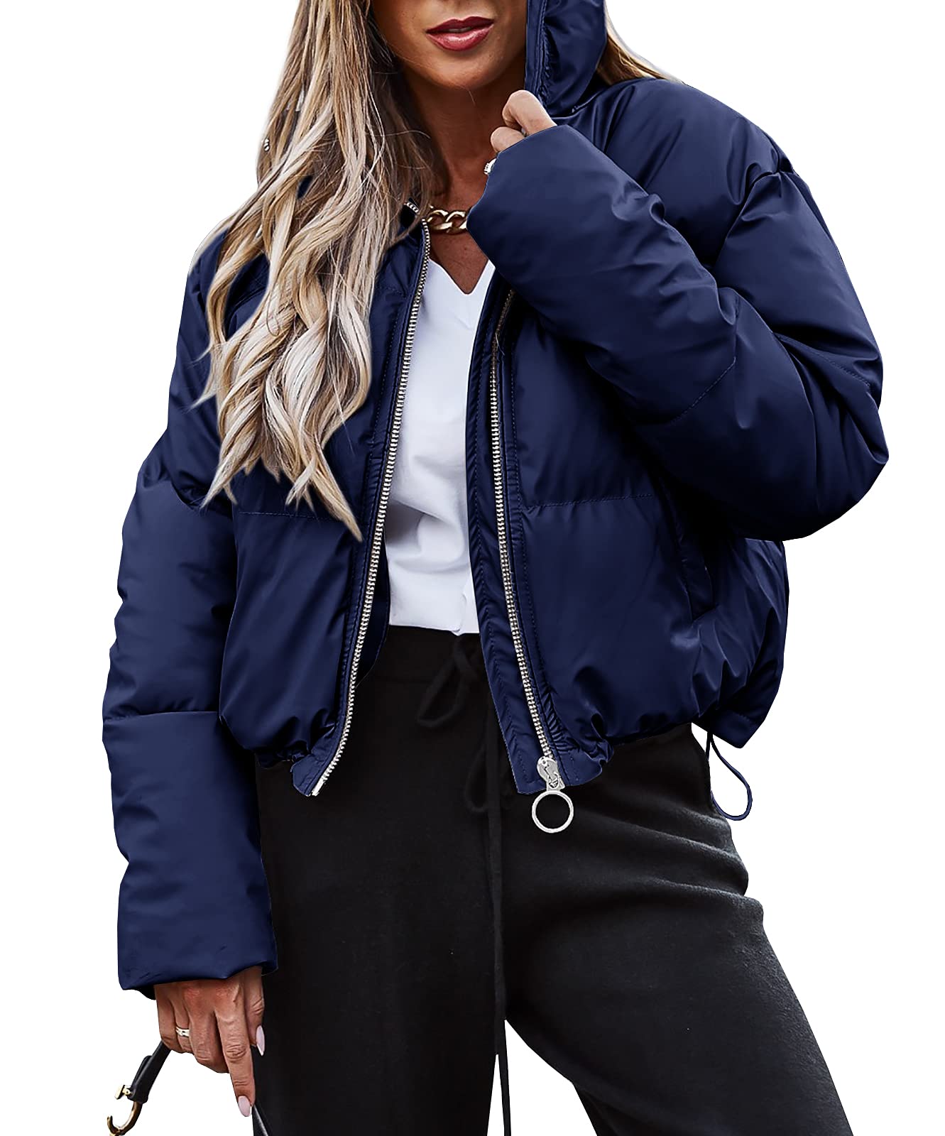 Photo 1 of Jeanewpole1 Womens Down Stand Collar Cropped Jacket Windproof Winter Warm Coats Outerwear X-Large Navy