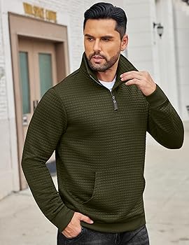 COOFANDY Mens Quarter Zip Sweatshirt Long Sleeve Casual Waffle