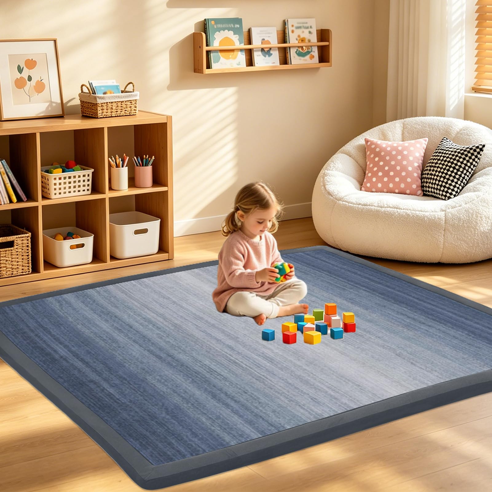 RZUMXOPY Kids Rug 150 x 150 cm Thick Baby Play Mat Foam Floor Padded Playmats for Babies Childrens, Soft Playpen Tatami Mat for Crawling & Playing, Non-Slip Bottom Blue