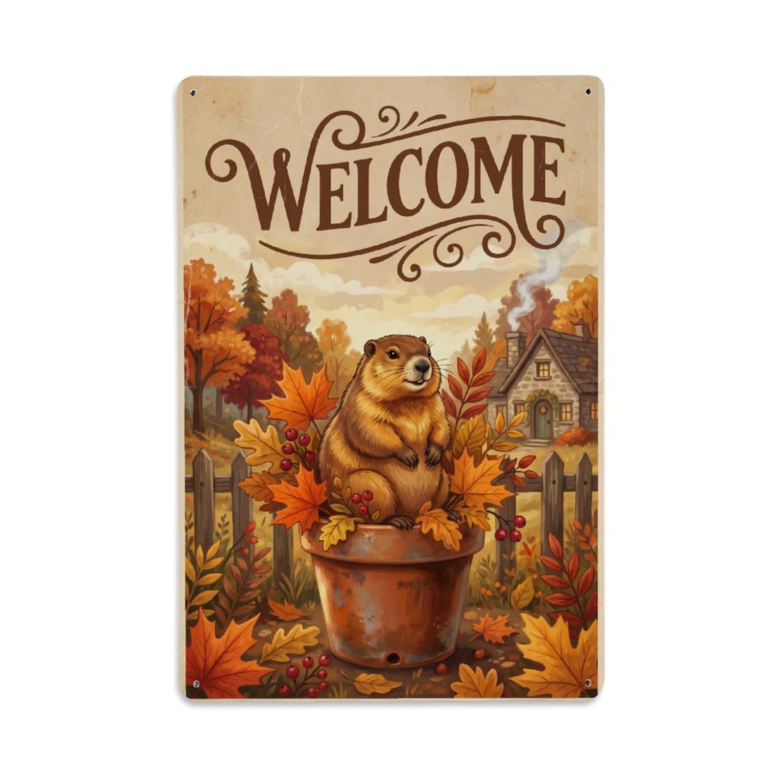 Cxhjca 8X12inch(20X30cm) Vintage Welcome Marmot Harvest Season Metal Tin Sign