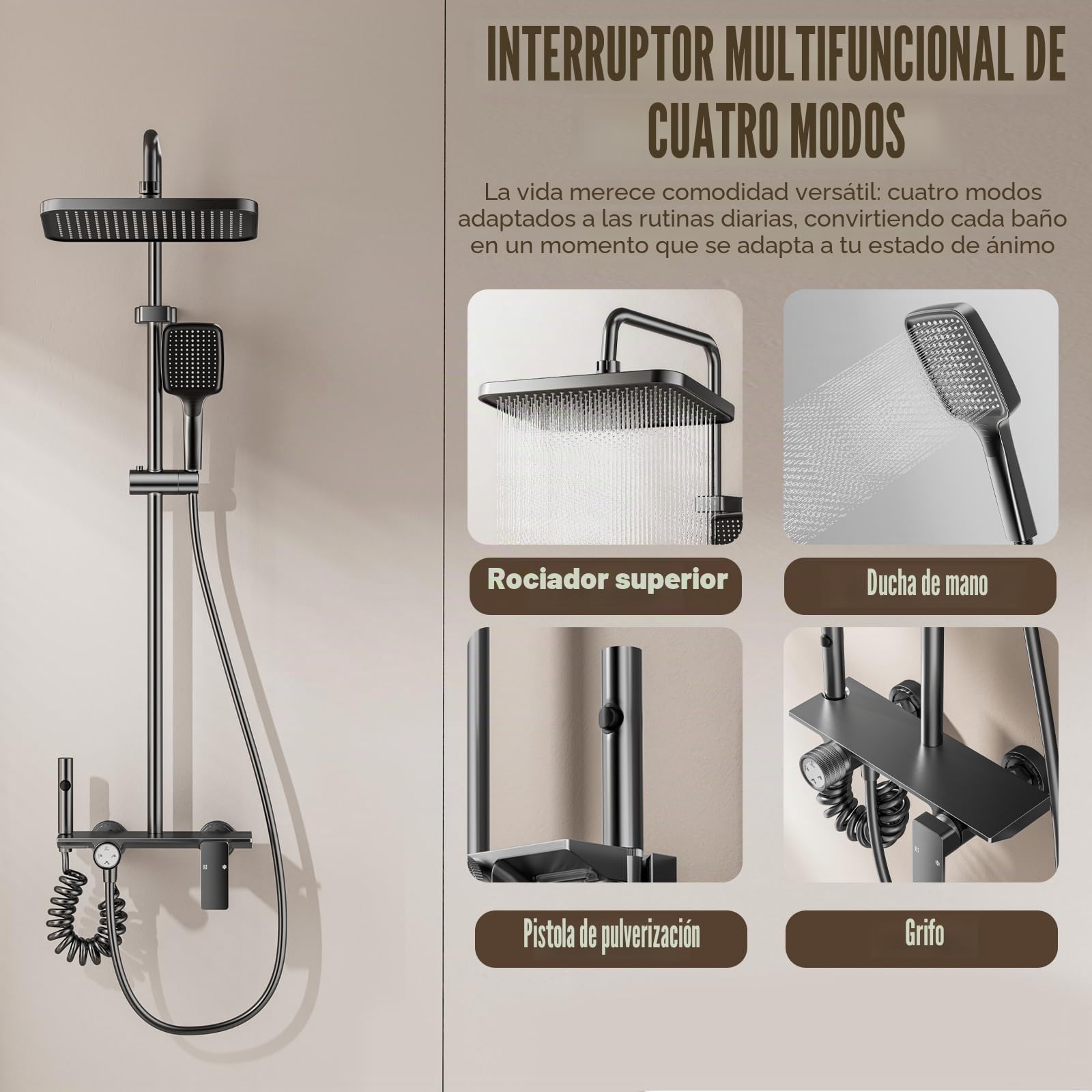 Bostar Columna Ducha con Grifo, 4 Modos Cabezal de Ducha de Lluvia Cabezal de Ducha ABS Altura Regulable 65-105cm
