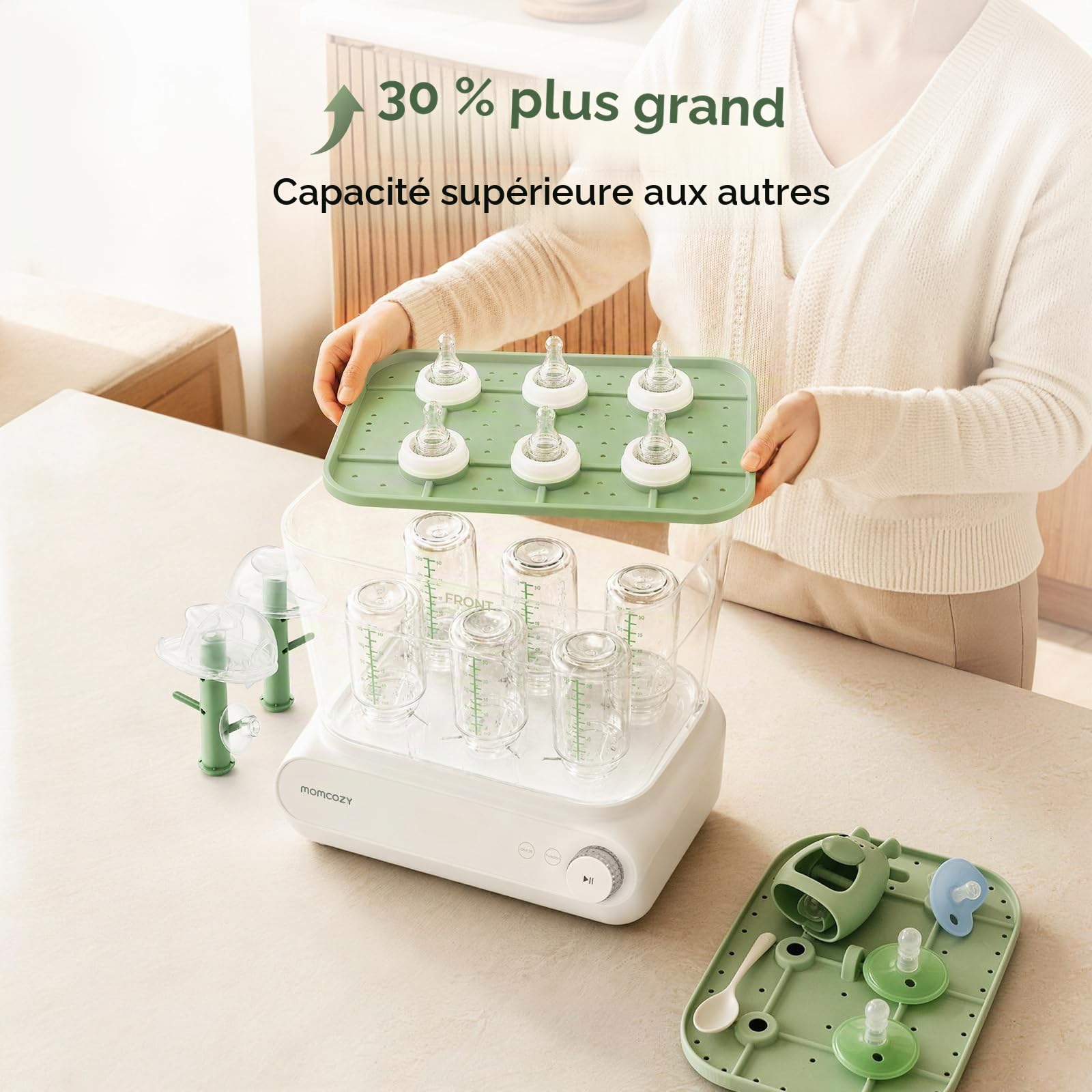 Momcozy Stérilisateur et séchoir à biberons à 3 couches, stérilisation et séchage rapides, stérilisateur universel pour tous les biberons et accessoires de tire-lait, écran tactile et désinfectant de