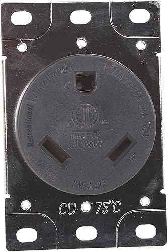Journeyman-Pro RV 30 Amp, 125 voltios, NEMA TT-30R, 2P, 3W  Toma de corriente de montaje empotrado, hoja recta, grado industrial, conexión a tierra,
