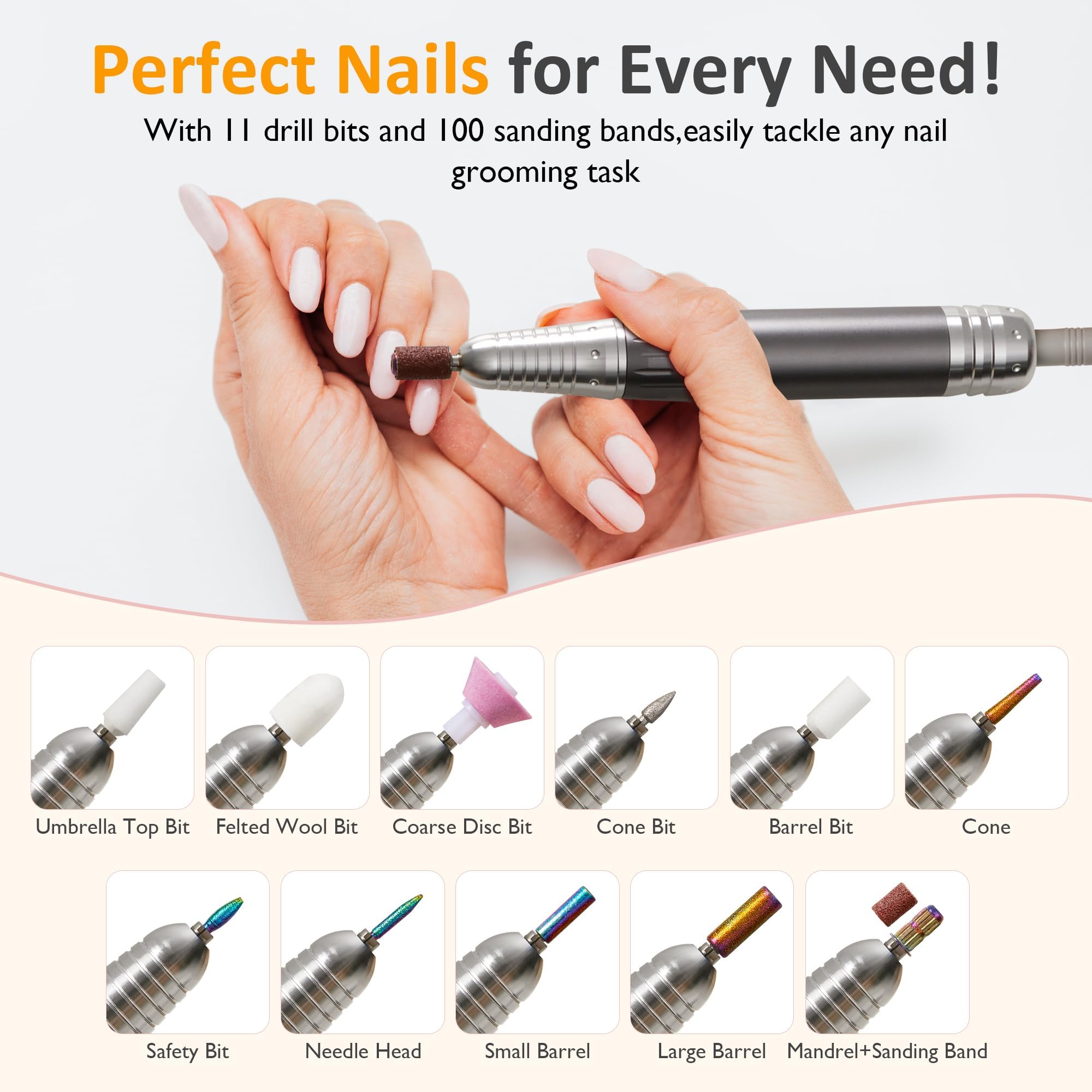 Sunvivi Trapano elettrico per unghie da 40000 giri/min, set di lime ricaricabili per unghie acriliche per lucidatura gel, trapano professionale per unghie, strumenti per manicure e pedicure con punte
