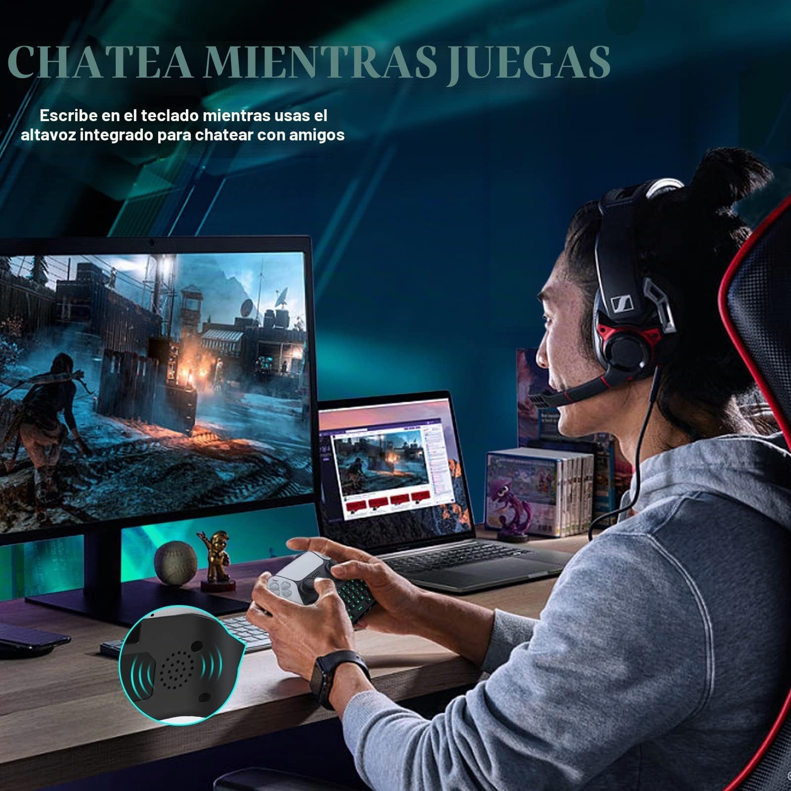 TiMOVO Teclado Inalámbrico Compatible con PS5, Teclado de Controlador Bluetooth con Genial Retroiluminación Verde, 47 Teclas, Altavoz Incorporado, Conector de Audio de 3,5 mm para Mando PS5, Negro