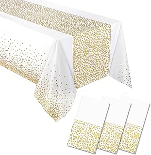 3 Pack Gold Plastic Tablecloth for Party Disposable White and Gold Tablecloth 54" X 108" Polka Dot Gold Table Cloth Rectangle Table Decoration Gold Table Cover for Baby Shower Wedding Party Supplies