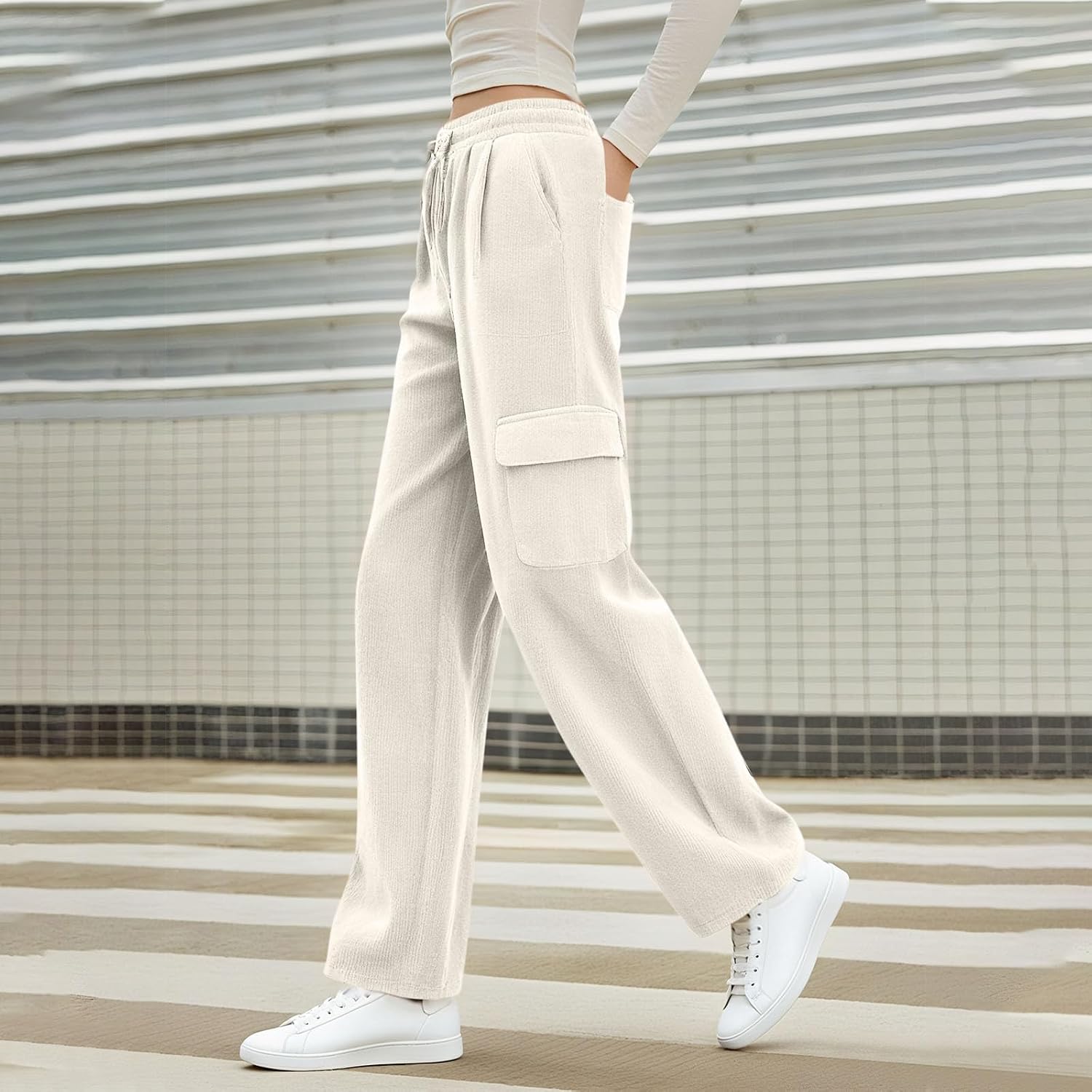 Women Corduroy Pants Wide Leg Casual Elastic High Waisted Drawstring Loose Fit Vintage Fall Winter Pant with Pocket