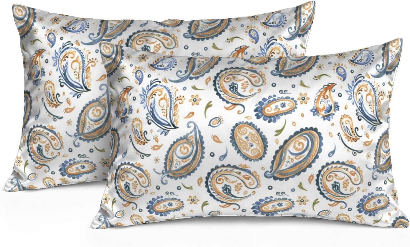 Blue and Orange Paisley Floral Satin Pillowcases with Zipper Cooling Pillow Case, 2 Pack Pillowcases Silk Standard Pillow Case 20×28 inch Decor Pillows Aesthetic Teen Girl Bedroom Decor
