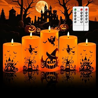 kakoya 5 Pack Halloween Flameless LED Pillar Candles, Orange Plastic Battery Operated Candles with 2 Remote Timer, Castle Pumpkin Witch Pattern for Halloween Spooky Decor