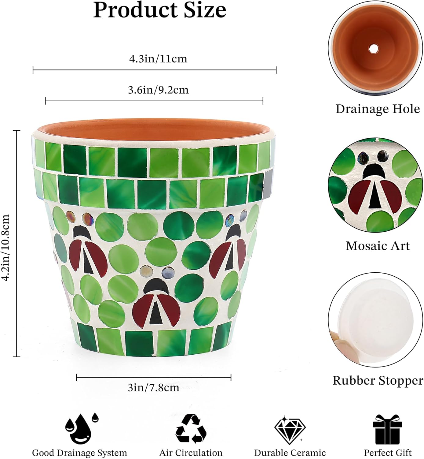 VOREEN Mosaic Terracotta Flower Pot with Ladybug Design, Drainage Hole, Small Decorative Planter for Succulents, Small Flowers, Indoor & Outdoor Use