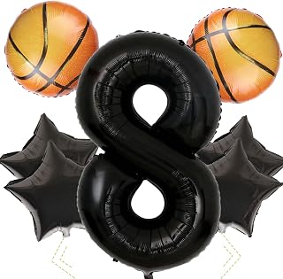 40-Inch Basketball Number 8 Balloons Set — Black Number Balloons for Basketball Birthday Party Decorations, Perfect for Themed Parties, Celebrations, Ideal for Balloon Arch Kits (8)