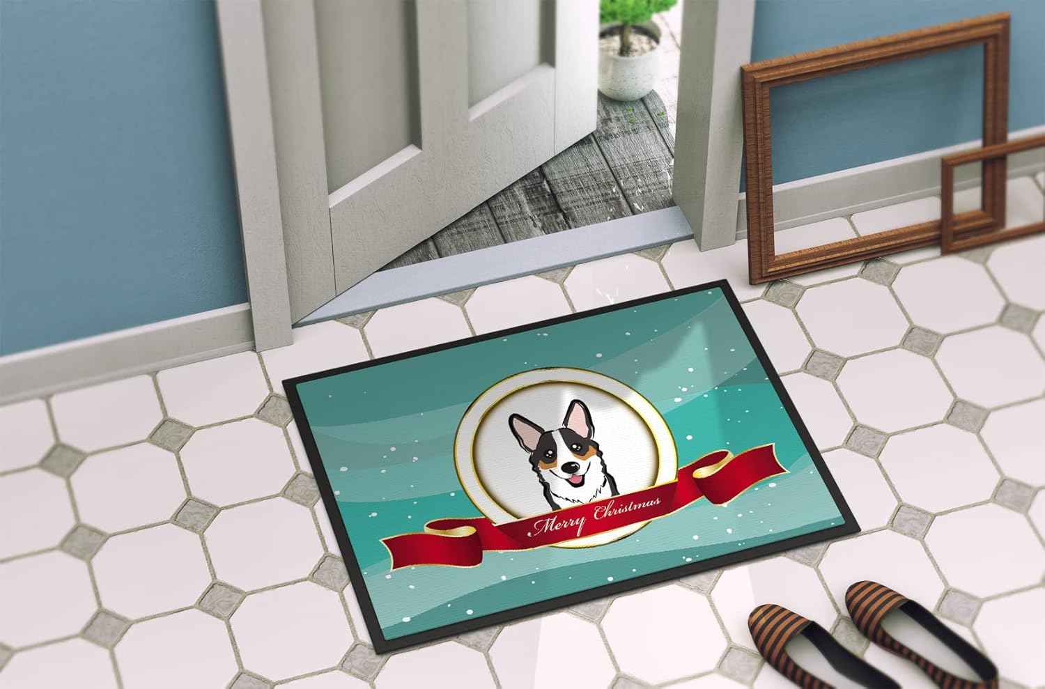 Caroline's Treasures BB1565JMAT Tricolor Corgi Merry Christmas Doormat 24x36 Front Door Mat Indoor Outdoor Rugs for Entryway, Non Slip Washable Low Pile, 24H X 36W