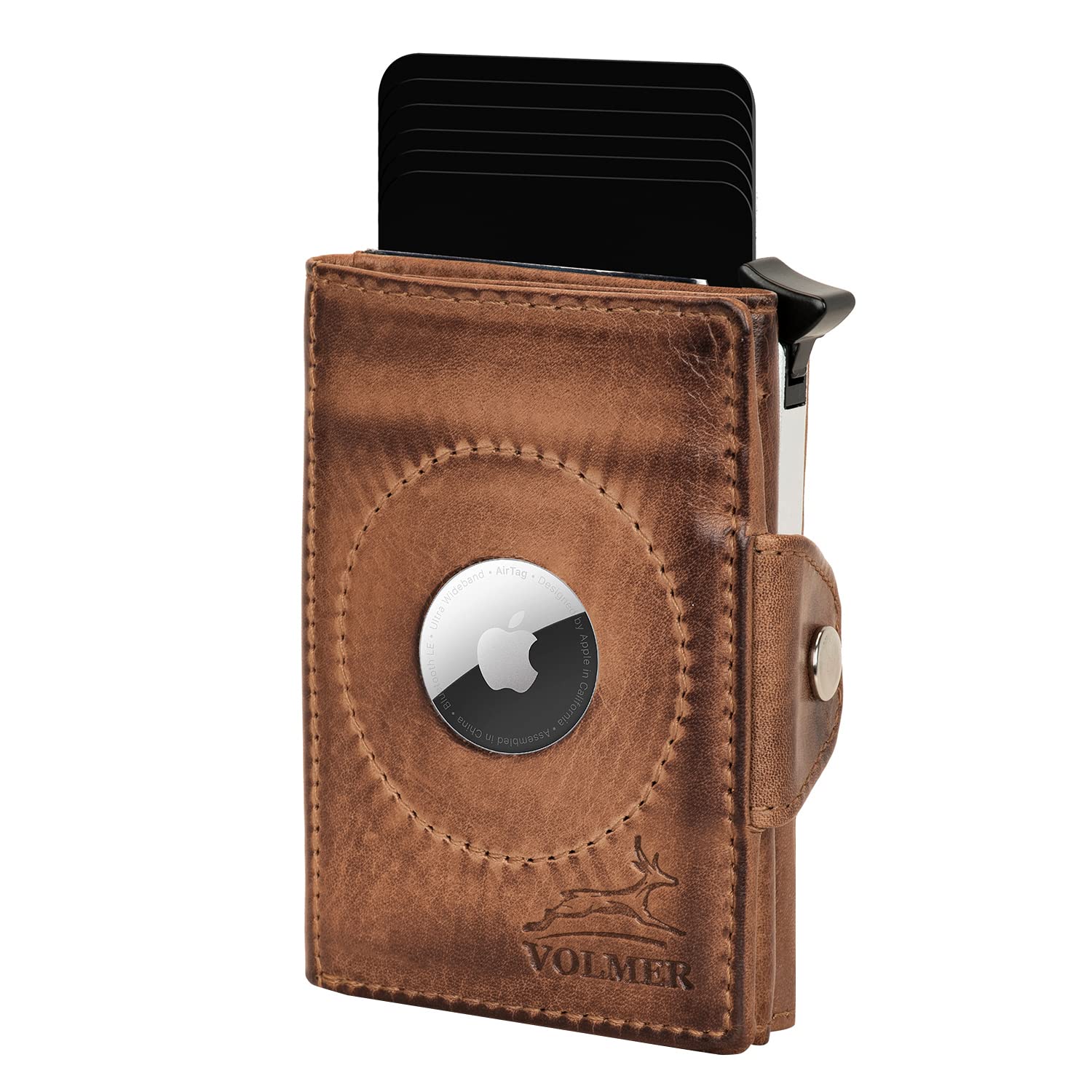 Fa.Volmer ® Echt-Leder AirTag Kartenetui mit Münzfach - max. 12 Karten - RFID Schutz - Herren & Damen | Geldbörse VO34 (Antique Brown)
