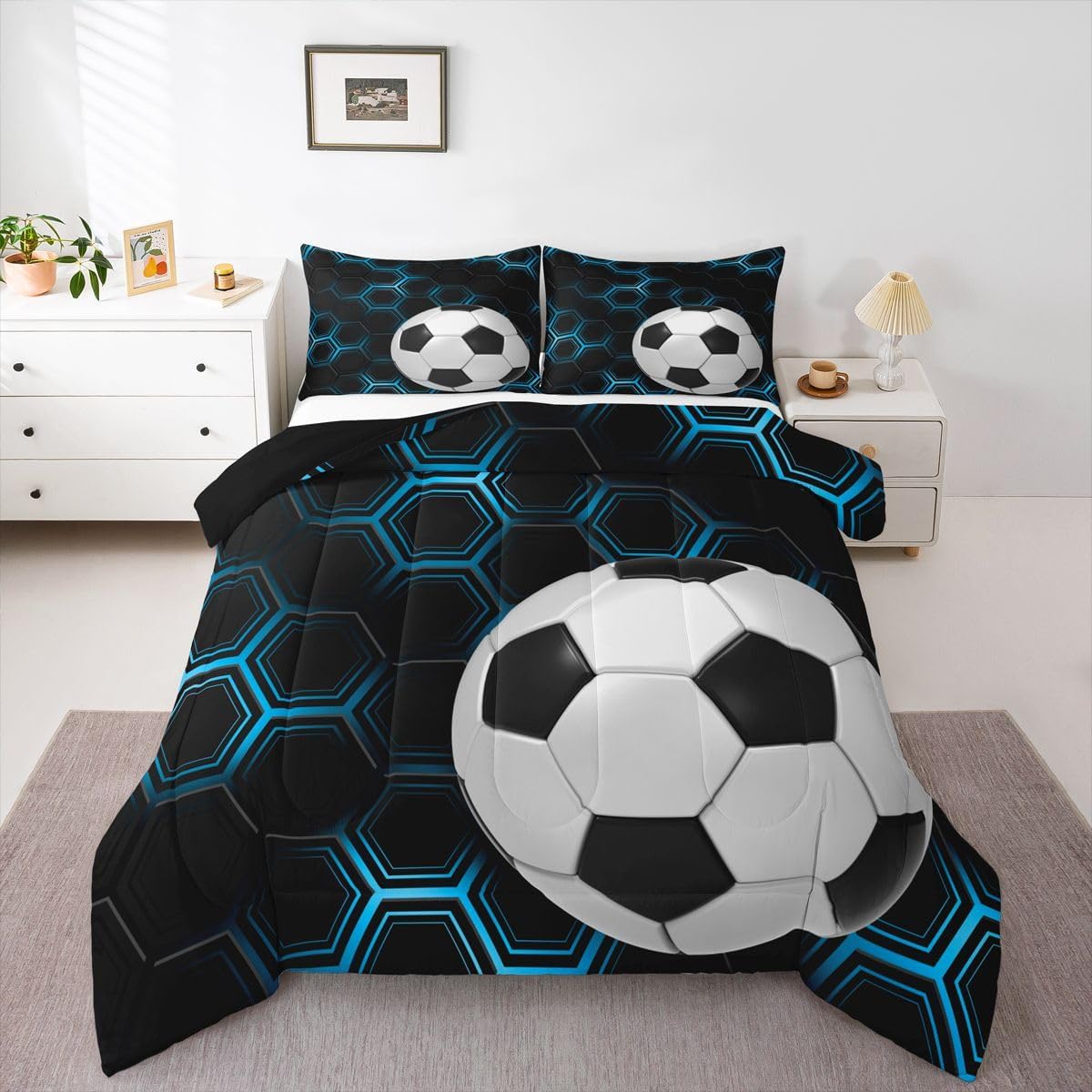 Erosebridal Football Queen Comforter Sets for Boys, Soccer Bedding Set Geometric Neon Hexagon Quilt for Kids Teens Teenage Men, Sports Games Honeycomb Down Comforter with 2 Pillow Cases, Blue Black
