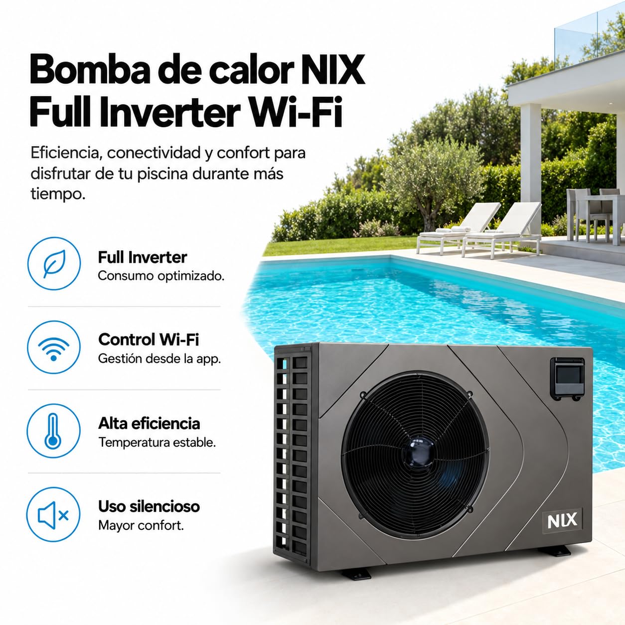 Bomba de Calor Full Inverter WiFi para Piscina, 20 kW, para Piscinas 80-110 m³, 220-240V 50-60 Hz, 1106 x 390 x 756 mm