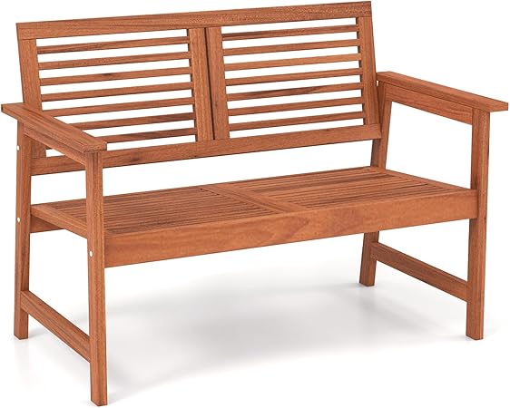 Wooden Garden Bench Loveseat Chair With Backrest And Armrests, 2-3 Seater Outdoor Patio Seat With Slatted Design For Balcony Deck, Porch Or Park