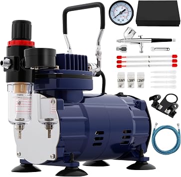 Airbrush Kit with Compressor, Dual-Action Spray Gun, Quiet Operation with Pressure Gauge & Auto Start/Stop, for Hobby Model Painting Nail Art Cake Decorating