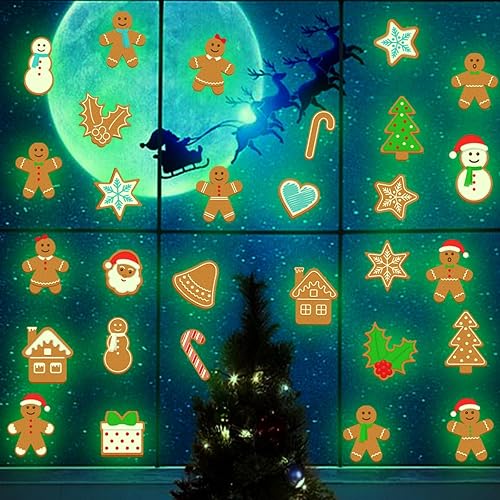Miniatura 5 de Brillan en la oscuridad, calcomanías de ventana de hombre de jengibre de Navidad, color verde, luminoso, hombre de jengibre, removibles, decoración