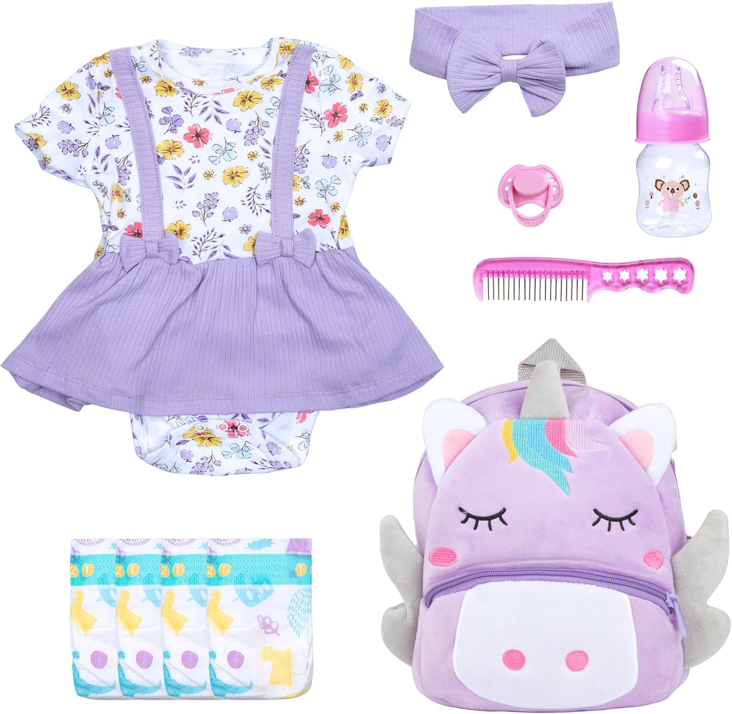 10Pcs Reborn Baby Doll Accessories Set, Purple Reborn Dolls Baby Clothes 17-22 Inch Girl Doll Outfit Floral Dress with Backpack & Feeding Babydoll Accessories