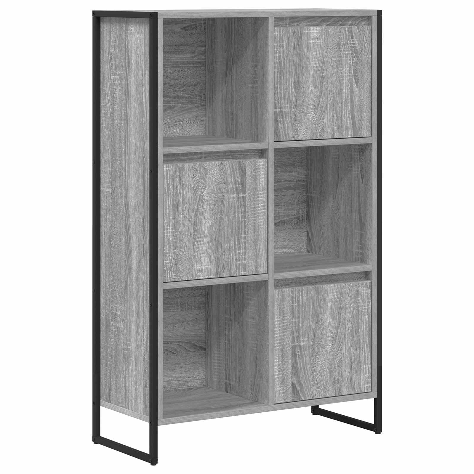Przemysłowy regał na książki, szary materiał drewnopochodny Sonoma, 68 x 30 x 108,5 cm, z 3 drzwiami i 6 półkami, trwały regał stojący do salonu