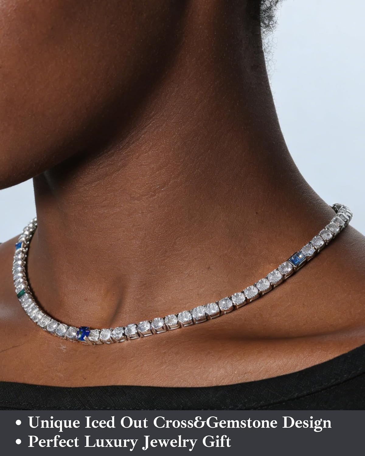 LuxeFlex 4mm Cross Tennis Chain Necklace, Mixed Elements Square & Oval Gemstone 5A Zircon Iced Out Necklace for Men Women