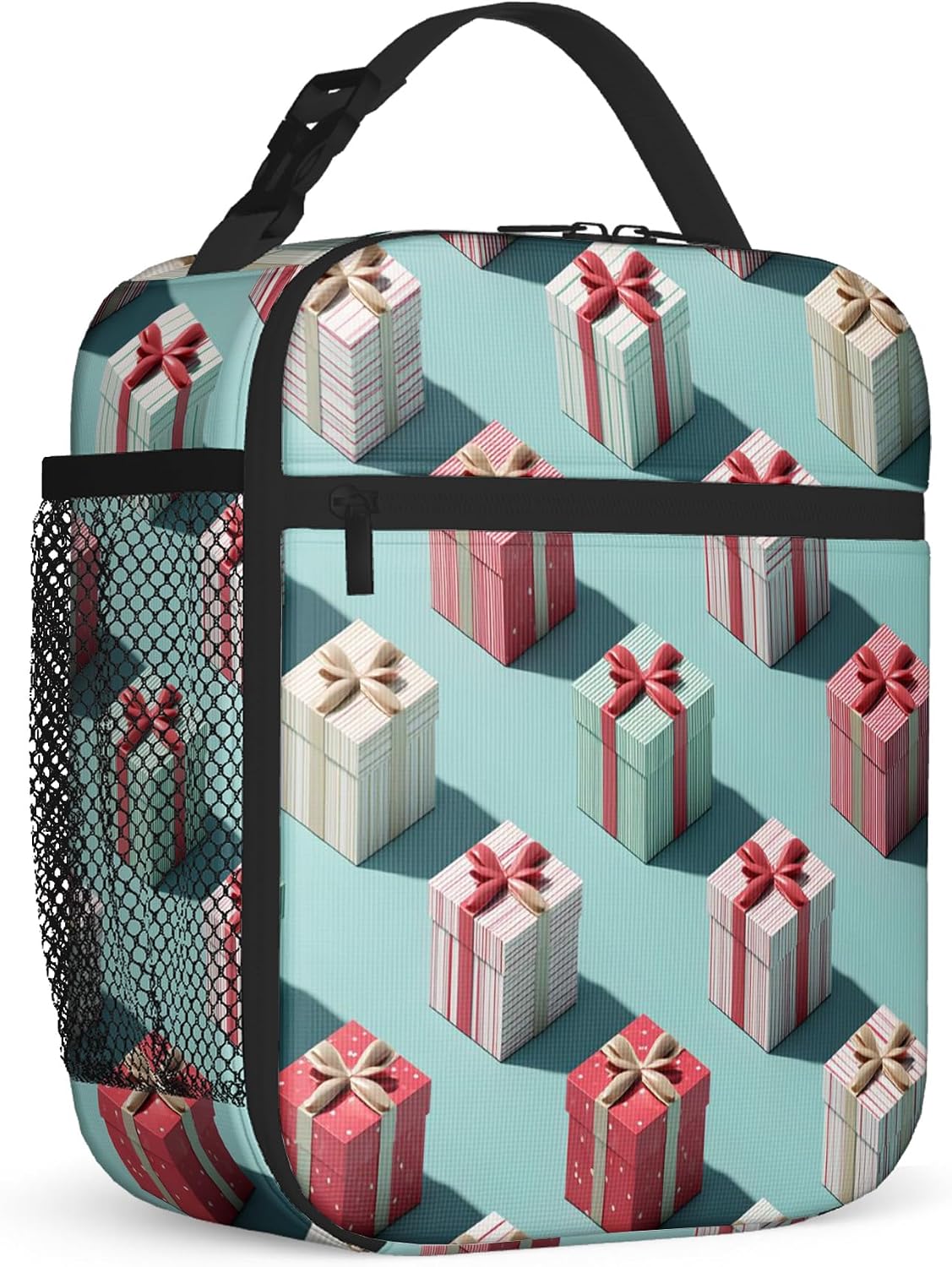 Gift Boxes Insulated Lunch Bag, Christmas Festive Ribbons Stripes Christmas Red Leakproof Reusable Lunch Tote Bag for and Work Office Commuting 1pcs