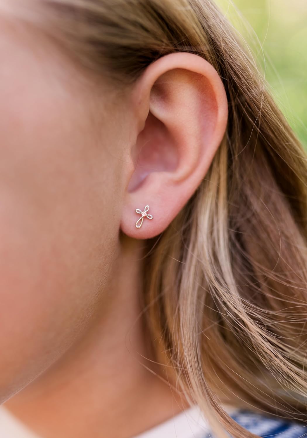 Cherished Moments Cross Earrings, .925 Sterling Silver or 14k Gold-Plated | Hypoallergenic children's infinity cross earrings with clear or pink accents and secure screw backs for sensitive ears