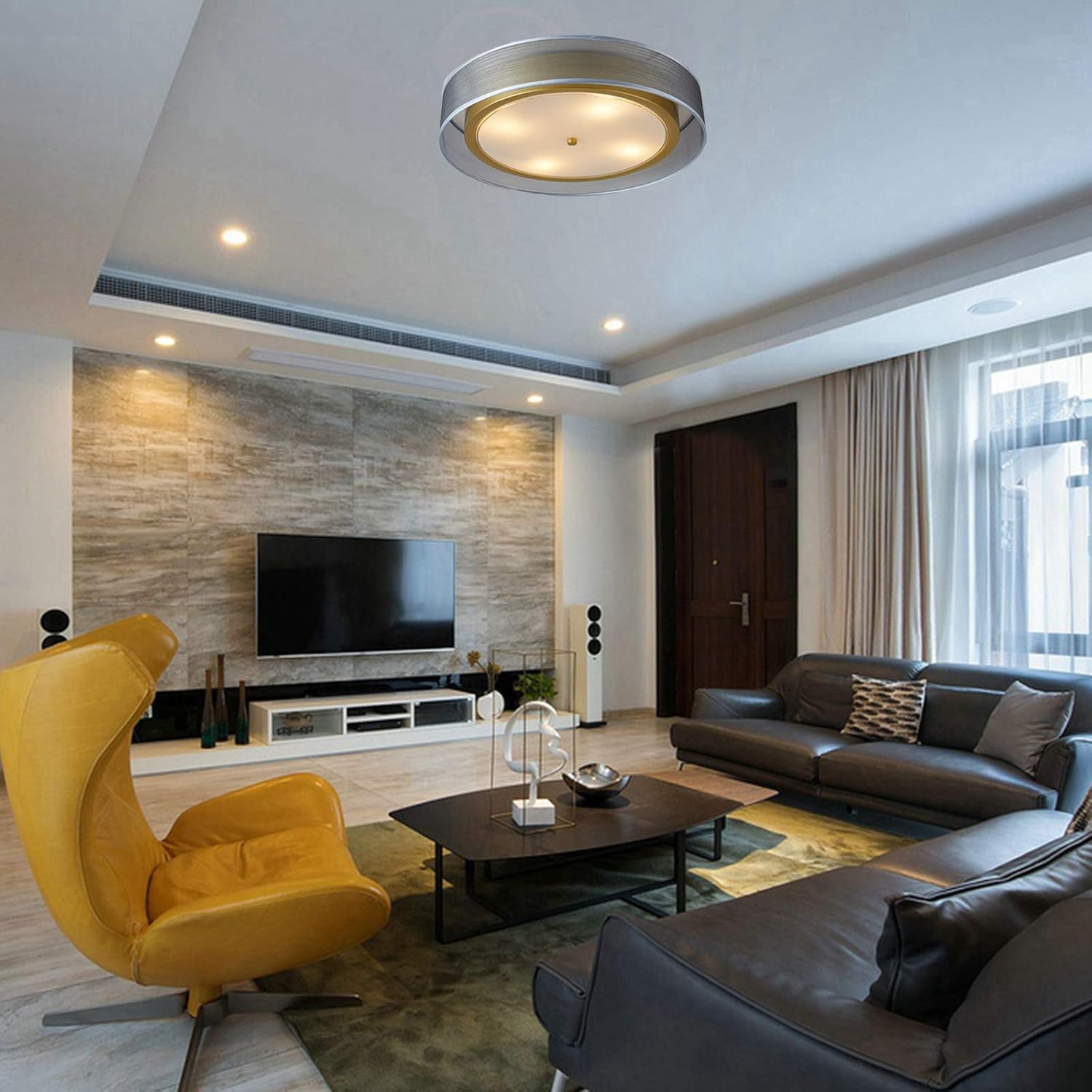 One-Day Sale: Up to 60% Off ENGELCH Modern 20 Large 4-Light Double Drum Flush Mount Ceiling Light, Gray Fabric and Gold Metal Shade + Round Glass Diffuser Light Fixture Chandelier for Kitchen Island Dining Bedroom Entry Bar