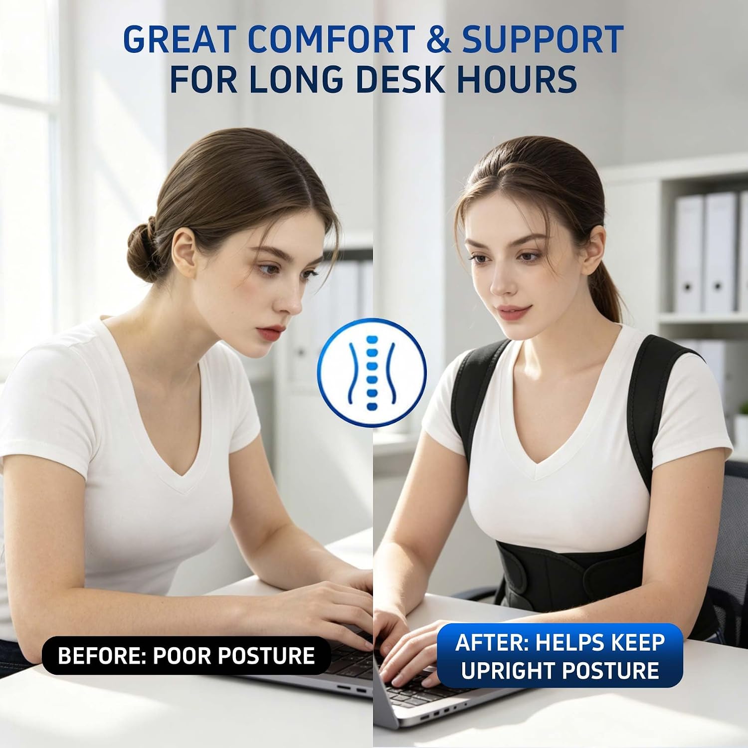Posture Corrector for Women and Men Upper Back Brace Straightener Support Rounded Shoulder Adjustable Straps Breathable Mesh Office Work Computer Use Desk Job Studying Daily Wear (Black M)