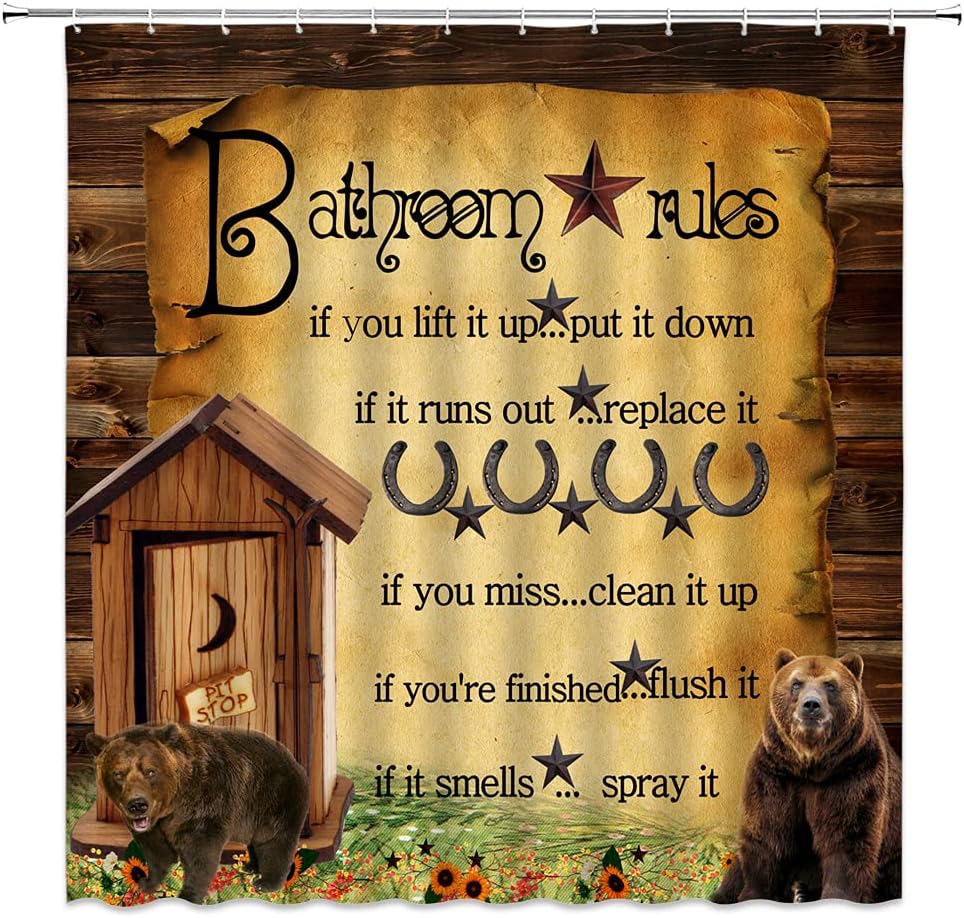 Rustic Primitive Country Shower Curtain Cabin Wild Animal Bear Brown Barn Door Bathroom Rules Farmhouse Outhouse Vintage Lodge Fabric Bathroom Curtain Set with Hooks
