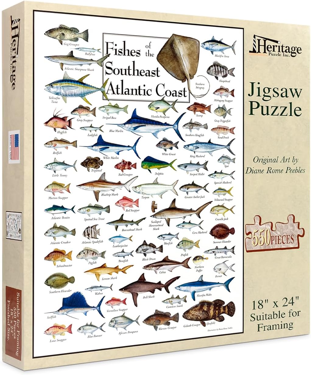 Heritage Puzzle - Fishes of The Southeast Atlantic Coast by Diane Peebles - 550 Piece Puzzles for Adults - Ocean Wildlife Jigsaw Puzzles - Coastal Scene Puzzle - 18" x 24" Finished Size