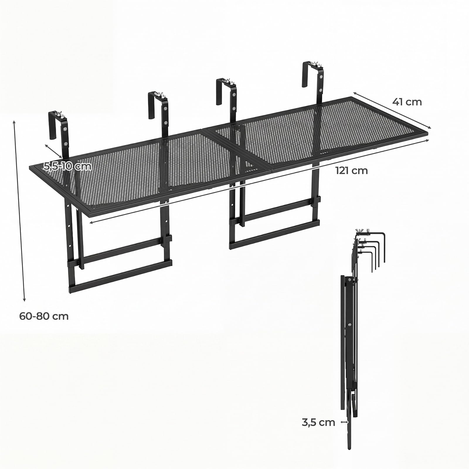 COSTWAY Set di 2 Tavolini Pieghevole da Balcone, 121 x 41 x 60-80 cm | Tavolino da Appendere per Ringhiera con Piano d'Appoggio Ampio, 5 Posizioni Altezza Regolabili, Tavolo Richiudibile