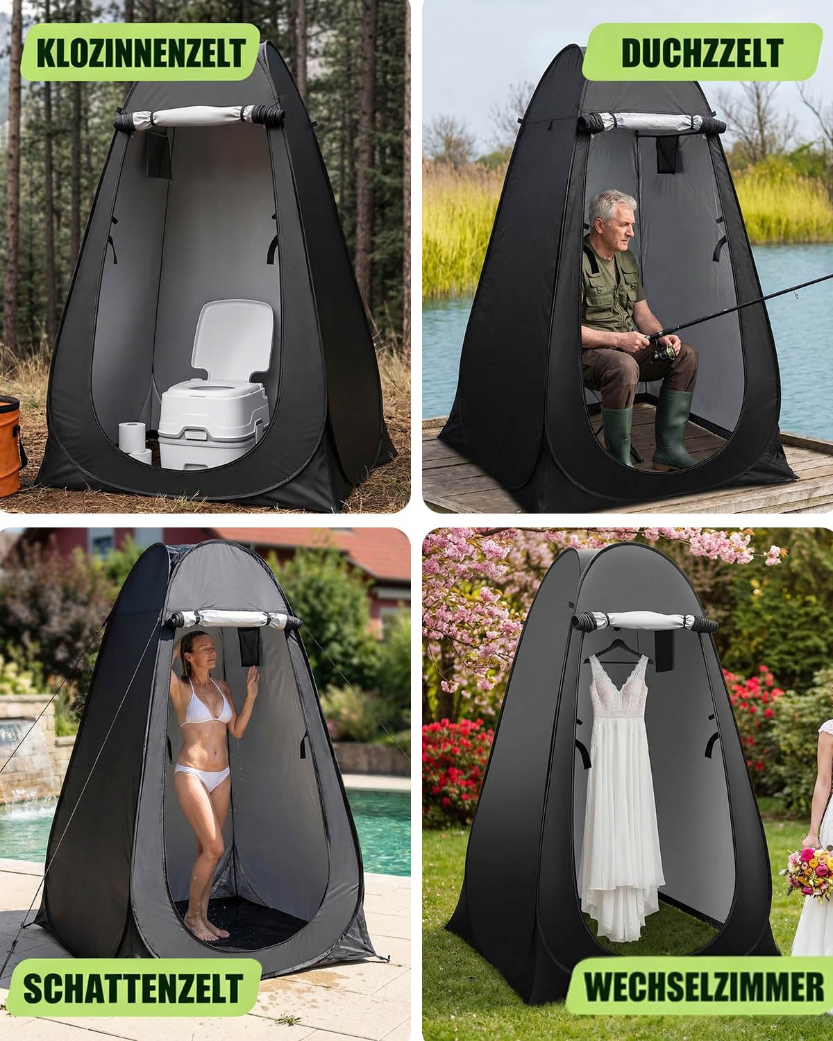 Duschzelt Camping Toilettenzelt, Pop Up Umkleidezelt mit Tasche & Zubehör, Wasserfest UV-Schutz Umkleidekabine WC Zelt, Strandumkleidezelt für Outdoor, Strand, Wandern, 120 x 120 x 190 cm Schwarz