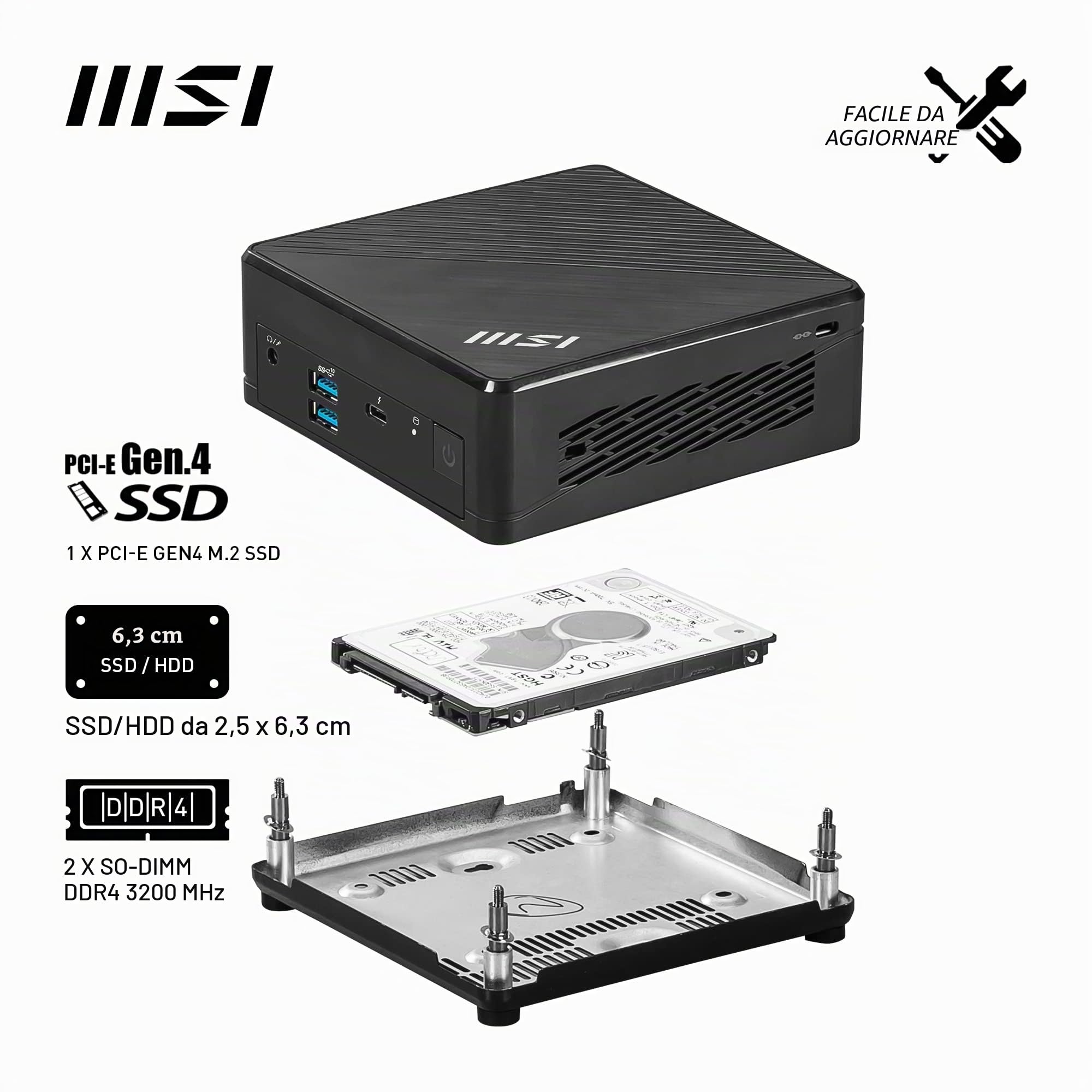 MSI Barebone Cubi 5 12M-022BDE MFF - i3-1215U, Intel Iris Xe Grafik, 2x DDR4 SO-DIMM, 1x M.2, 1x 2,5", WIFI6E, BT 5.3