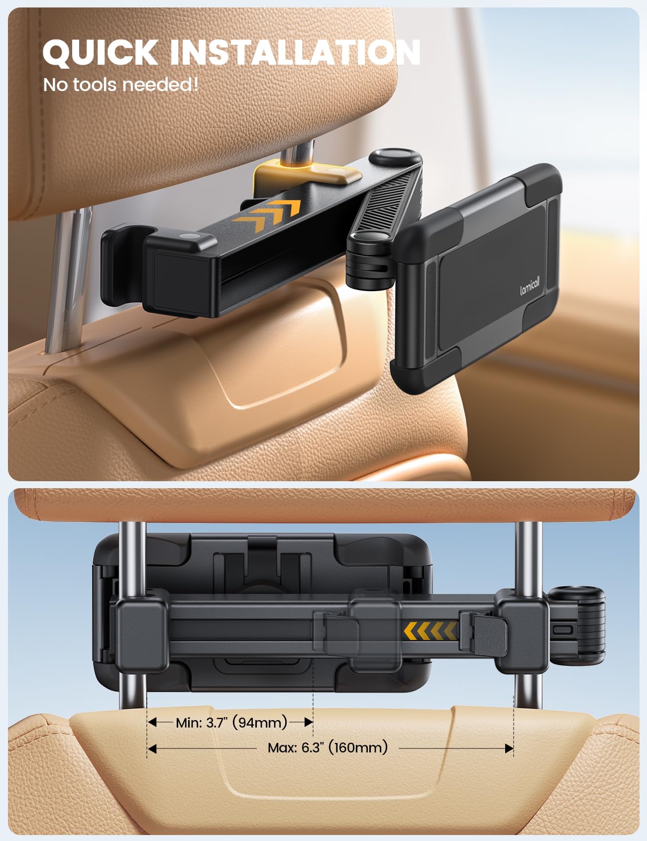 Lamicall Support Tablette Voiture - [Pliable Clip Silicone Largeur] [Bras Extension Métal] Support Tablette Appuie-tête, 360° Rotation, pour iPad Pro, Air, Mini 6 5 4 3, Tab, Autre 6,1 à 13" Appareil