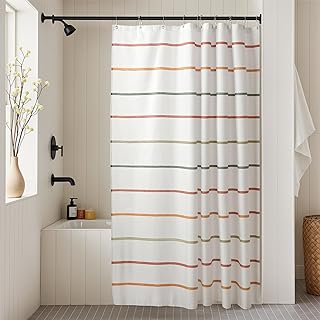 Kids Boho Shower Curtain Set with Hooks, Minimalist Hand-Drawn Soft Pastel Stripes in Warm