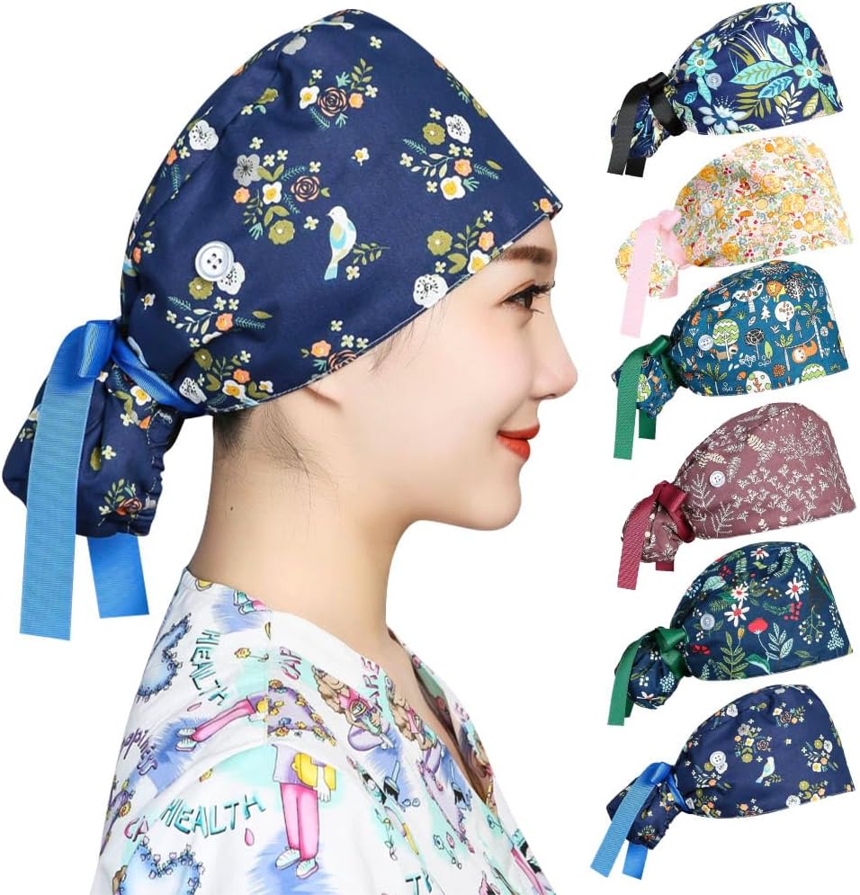 Satin Lined Scrub Caps for Women with Buttons