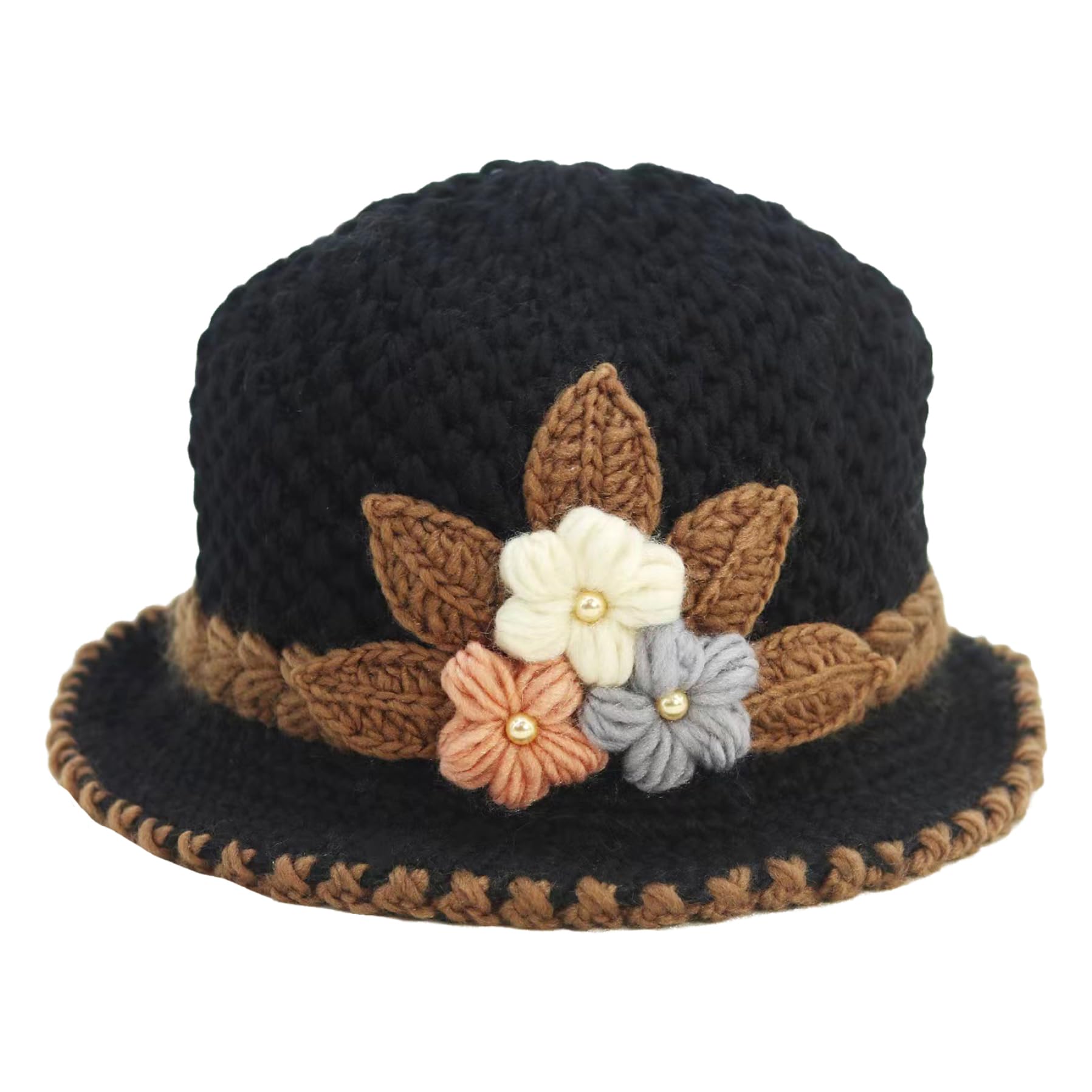Perwteriy Knitted Hat Warm Flowers Knit Hats with Brim Thicken Windproof Crochet Woolen Hats for Women Elegant Soft Ladies Winter Black