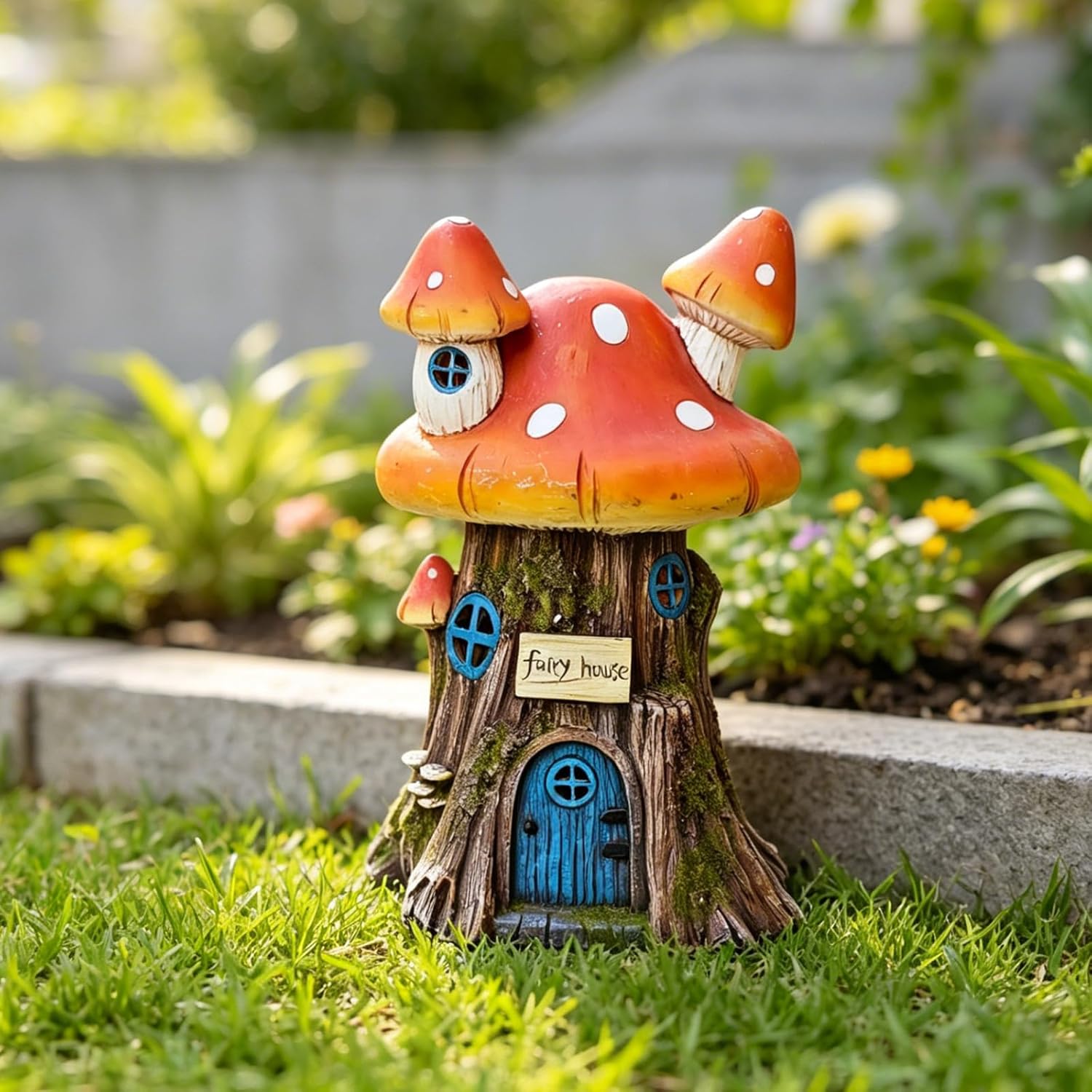 COWOS Mushroom House Sculptures, Collection of Resin Garden Sculptures, Resin Fairy House Statue, Solar Fairy Garden Figurine with Warm White Light Mushroom for Outdoor, Lawn, Yard Decoration