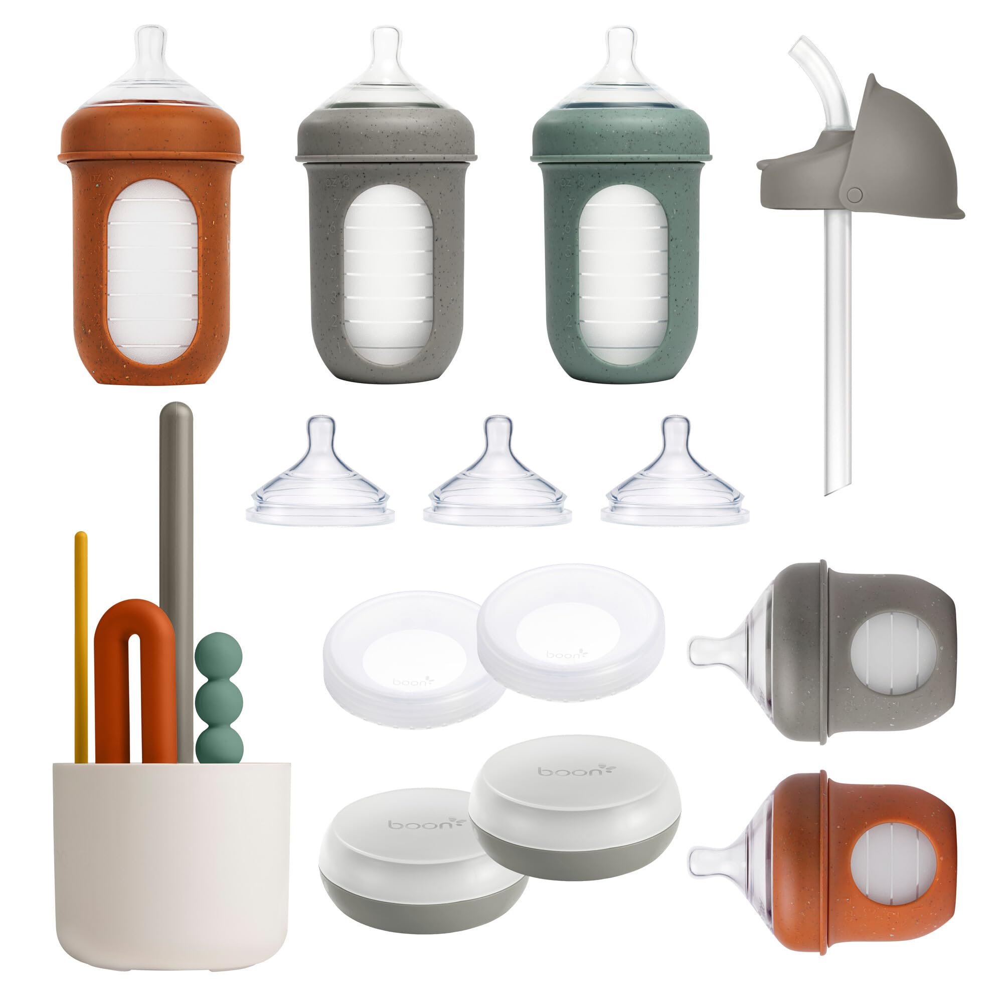 Boon Nursh Baby Bottle Gift Set - Baby Feeding Essentials for New Moms - Includes 4 Oz and 8 Oz Baby Bottles, Storage Lids, Fast Flow Nipples, Storage Buns, Straw Lid, and Mod Baby Bottle Brush Set