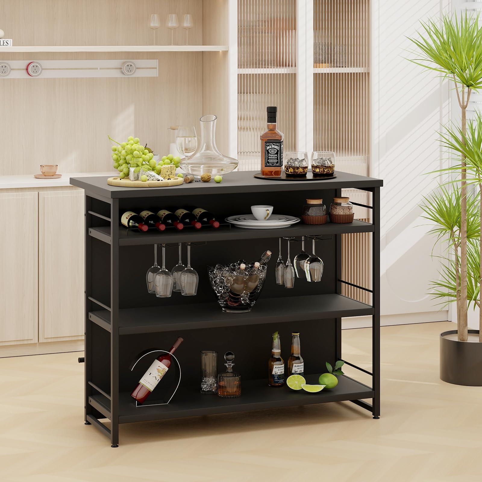 COSTWAY Hausbar Schrank, Barschrank mit 4 Ablagen, 120x60x101cm (Schwarz)