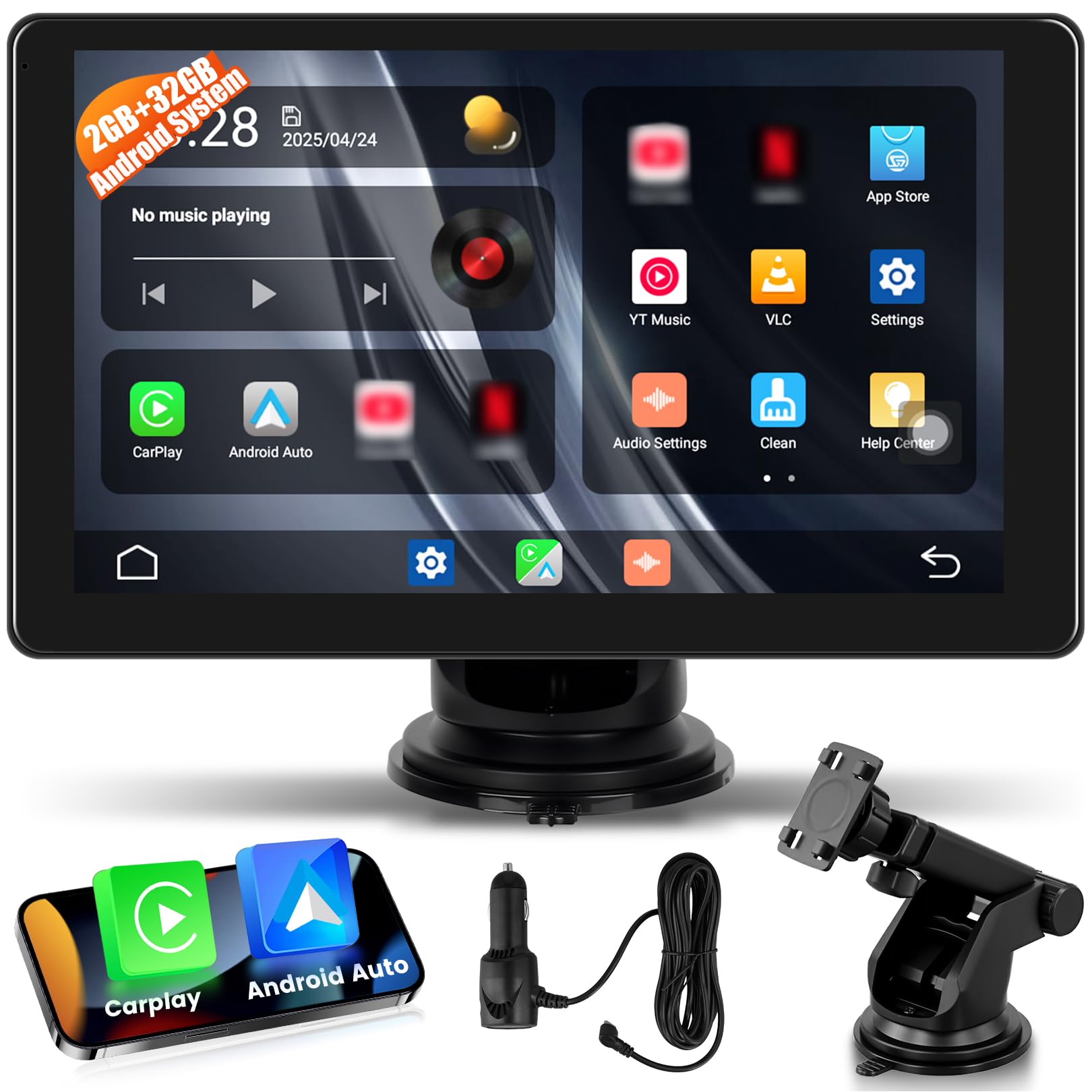 [2+32G] Android Portátil Inalámbrico Carplay y Andriod Auto Pantalla Coche, Pantalla Táctil IPS de 9 Pulgadas Pantalla para Coche con WiFi Reproductor Multimedia Bluetooth Transmisor FM Puerto AUX/TF